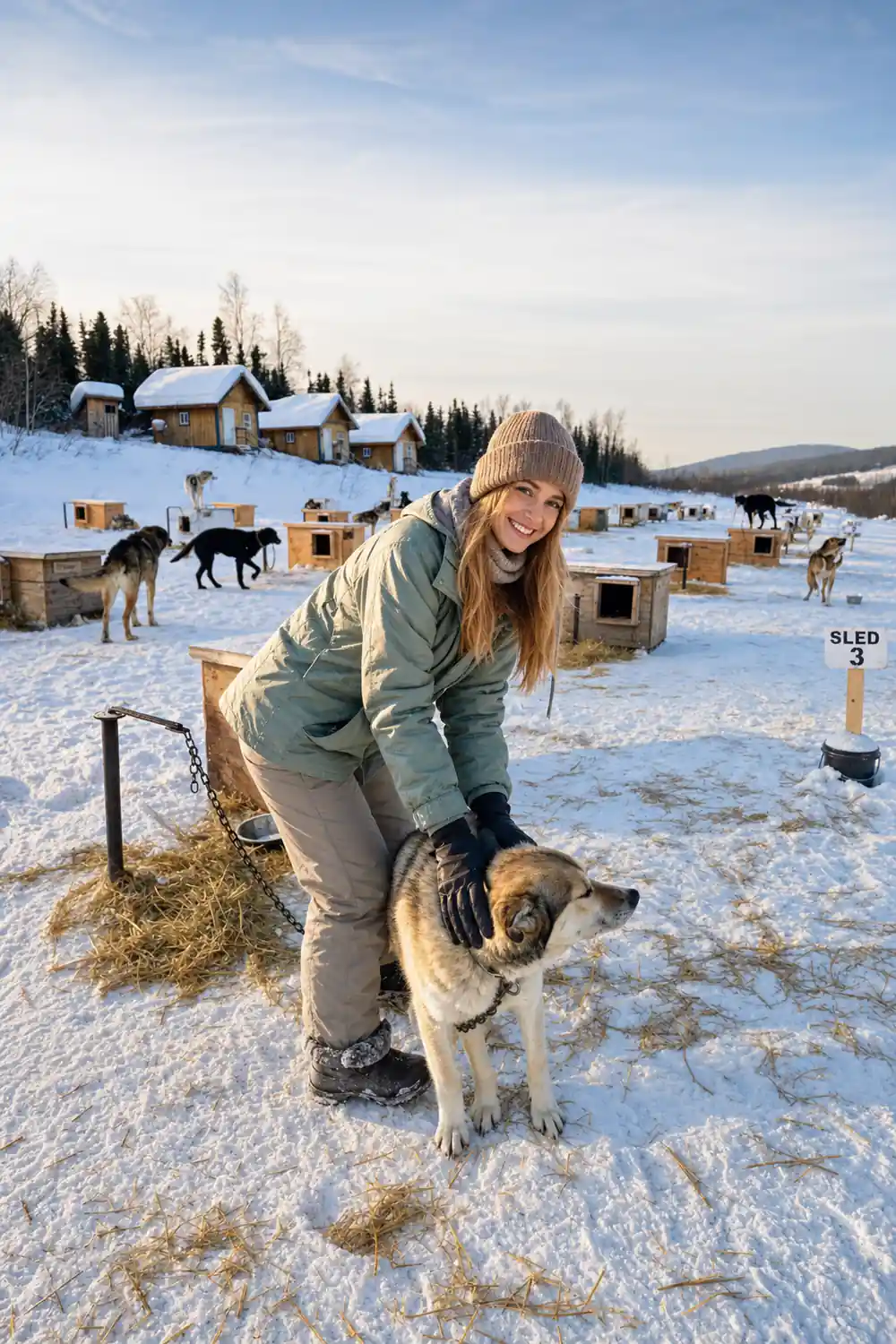 Handler bending to a dog among the kennel houses and straw