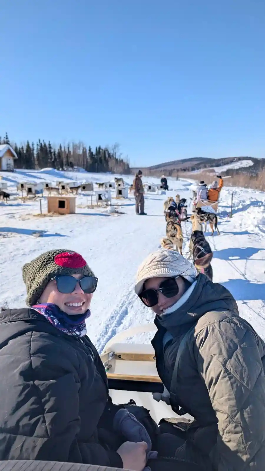 Two visitors in the kennel yard with dog houses and teams behind
