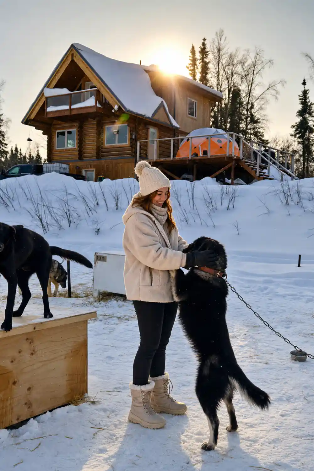 Visitor greeting a dog beside a timber lodge in the yard